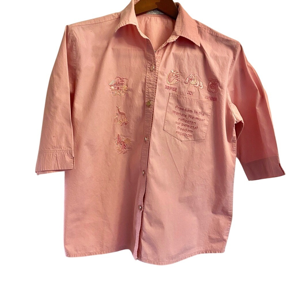 Ten‎ Design Button Up Shirt Womens Peach Embroidered Rhinestone Novelty Top